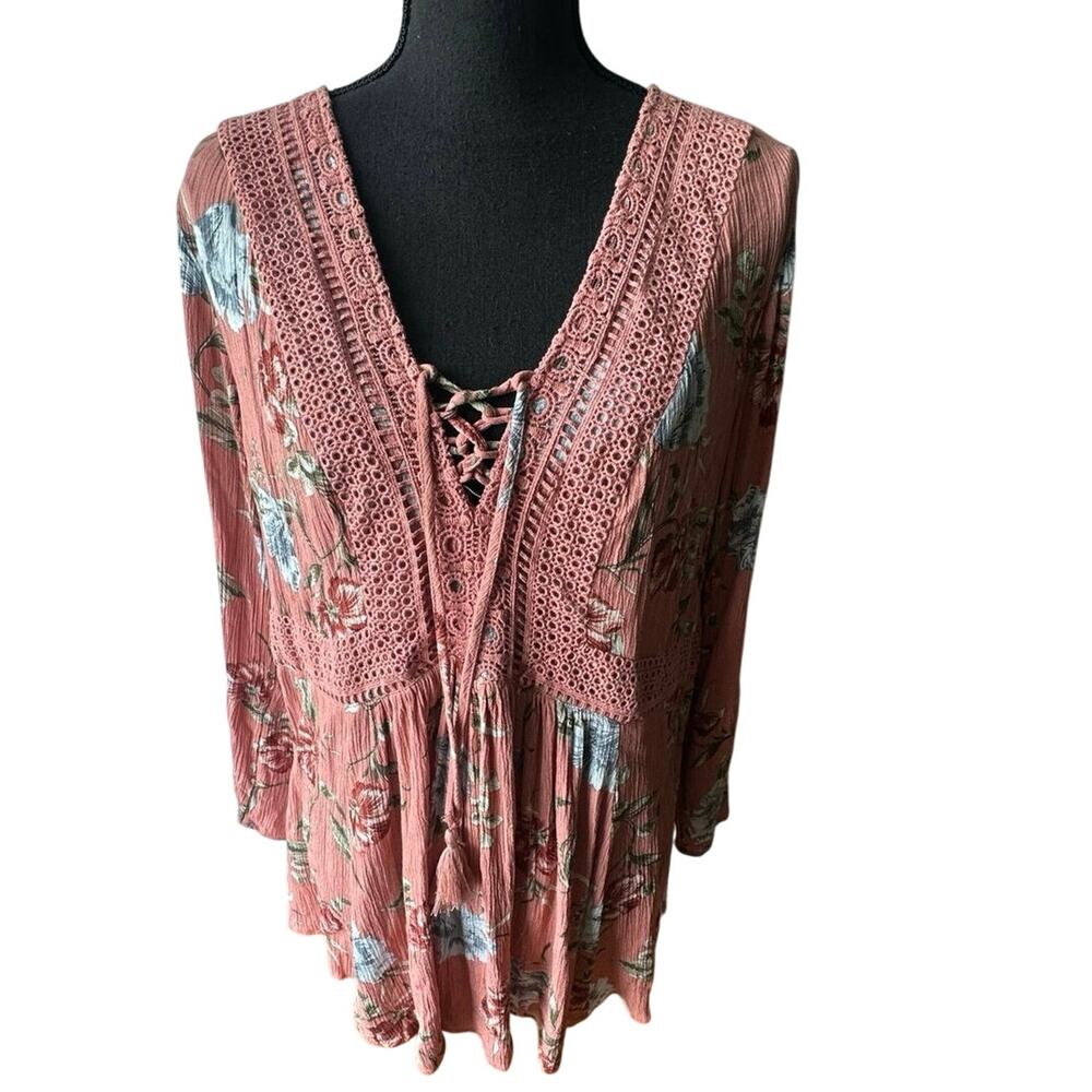 Torrid Dusty Coral Floral Babydoll Top 2 Crinkle Gauze Crochet Boho Style